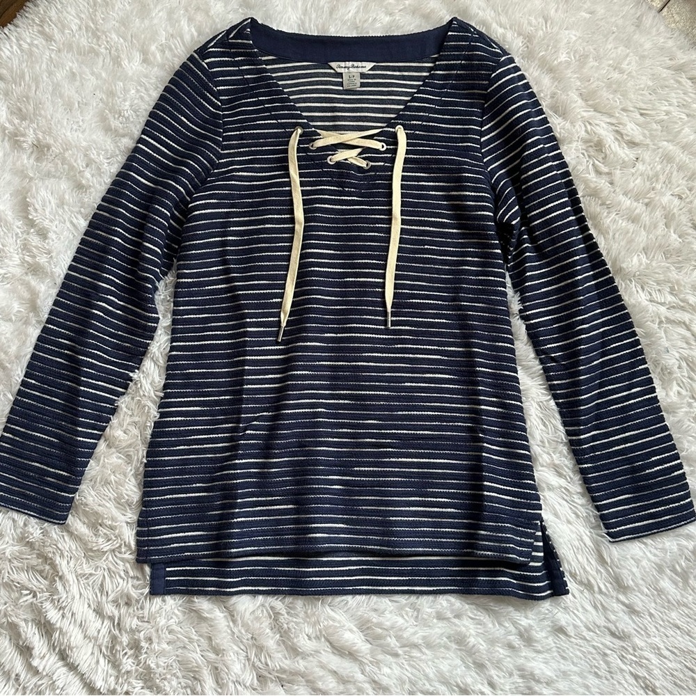 Tommy Bahama |  Navy and White Catalina Striped Lace-Up Knit Tunic | Small - Picture 7 of 13